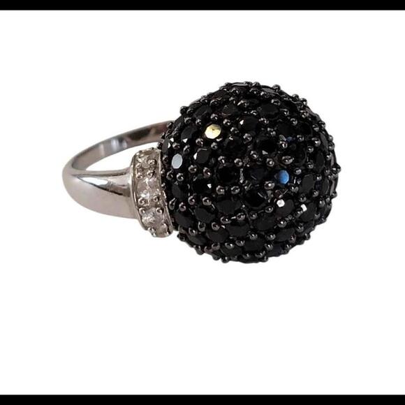 Sterling & White Gold Black Spinel & Diamonds Disco Ball Dome Ring SZ 10.25 - Picture 2 of 4